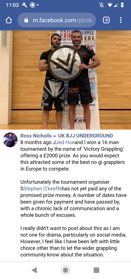 Ross Nicholls Victory Grappling failed to pay