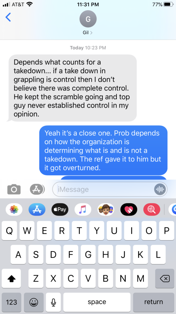Screen shot of text conversation of Josh Clopton and Gilbert Melendez.