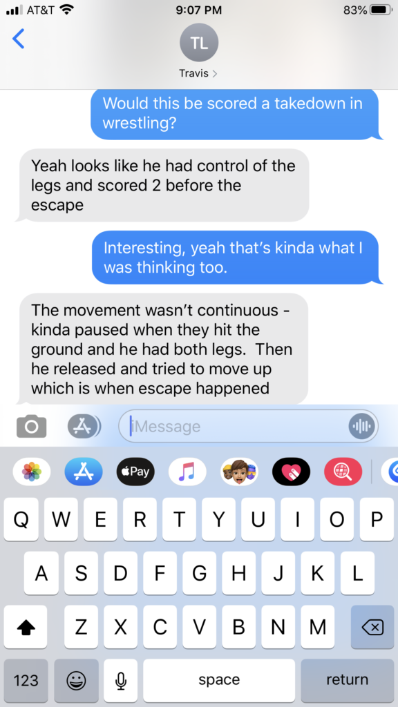 Screen shot of text conversation between Josh Clopton and Travis Lee.